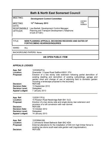 New Planning Appeals Lodged, Decisions Received and Dates of ...