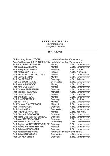 SPRECHSTUNDEN der Professoren Schuljahr 2008/2009 ab 15.12 ...