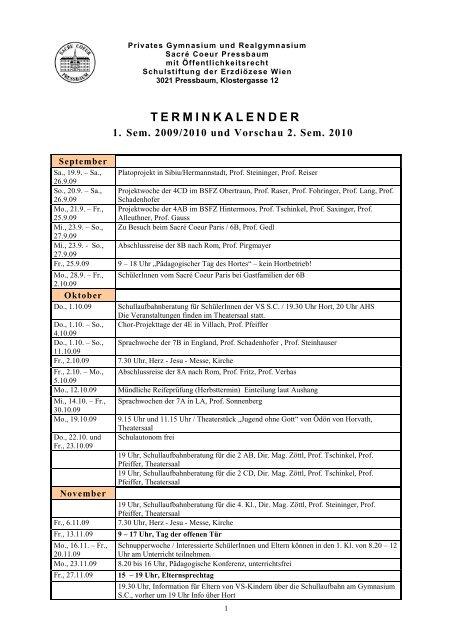 Terminkalender 1. Sem. 09-10 - Gymnasium und Realgymnasium