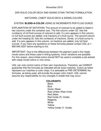 Tint Formulas for Cabot colors using BLEND-A-COLOR - Ugl.com