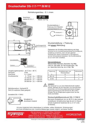 Druckschalter DS-117-***/B/M12 IP 65 - Hydropa GmbH & Cie. KG