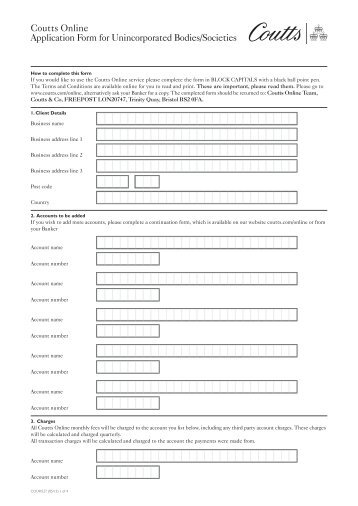 Coutts Online Application Form for Unincorporated Bodies/Societies