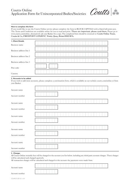 Coutts Online Application Form for Unincorporated Bodies/Societies