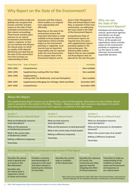 State of the Environment Report for the City of Blue Mountains