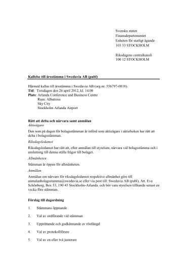 Kallelse och dagordning till Ã¥rsstÃ¤mma 2012 - pdf, 135 Kb - Swedavia