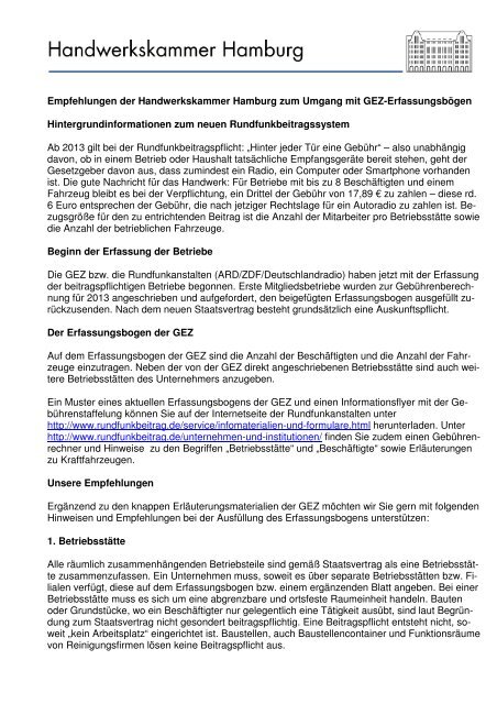 Egal, wie viele menschen in der wohnung leben. Rundfunkbeitragspflicht Für Betriebe : Empfehlungen Zur Gez Erfassung Handwerkskammer Hamburg