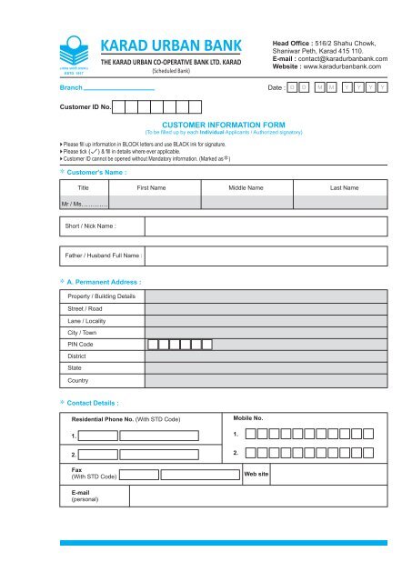 Customer Information Form - Karad Urban Co-operative Bank