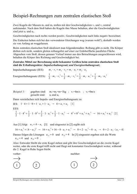 Beispiel Rechnungen Zum Zentralen Elastischen Stoss