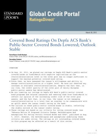 Covered Bond Ratings On Depfa ACS - Hypo Real Estate Holding AG