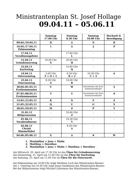 Messdienerplan 09.04.11 - Ministranten St. Josef Hollage