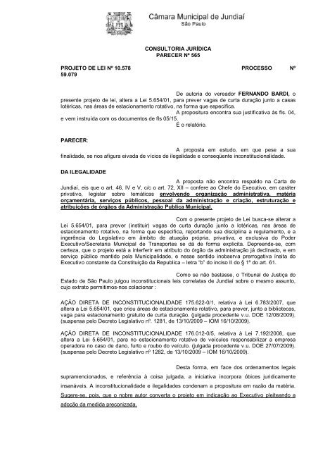 CONSULTORIA JURÃDICA PARECER NÂº 565 PROJETO DE LEI NÂº ...
