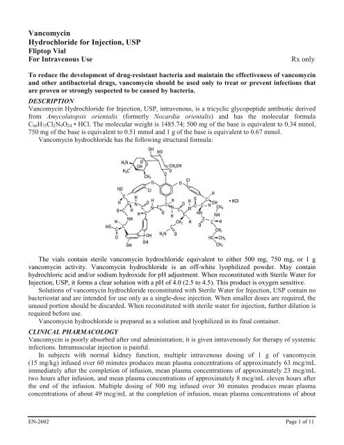 Vancomycin Hydrochloride for Injection, USP (750 mg fliptop - Hospira