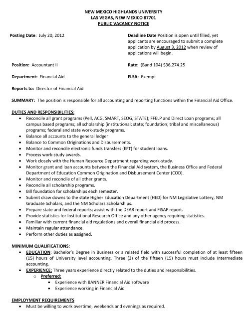 Revised Job Description New Mexico Highlands University S