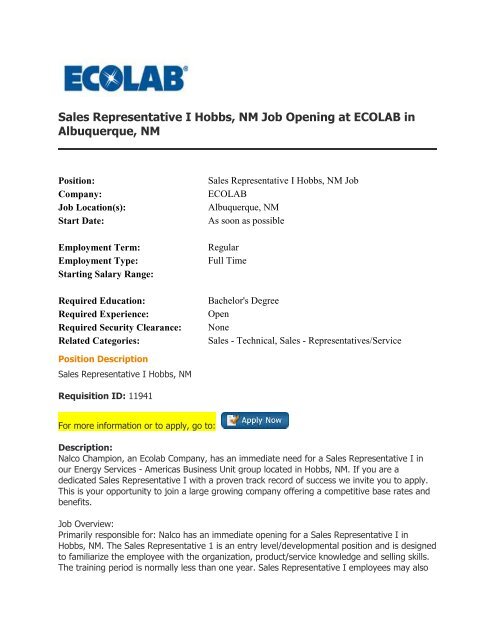 FT Sales Representative I, ECOLAB, Hobbs, NM