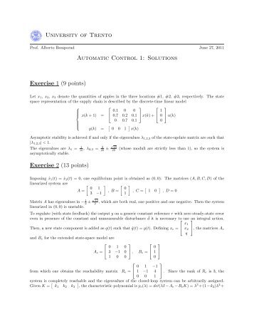 University of Trento Automatic Control 1: Solutions Exercise 1 (9 ...