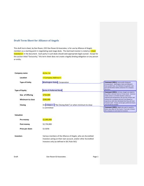 Draft Term Sheet for Alliance of Angels - Angel Capital Association