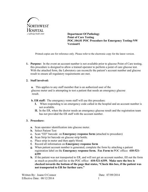 Nw Point Of Care Procedure For Emergency Lifebridge Health