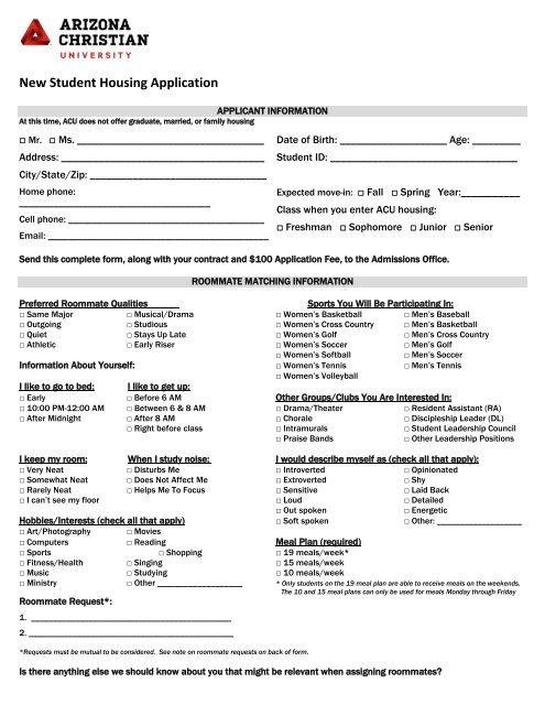 New Student Housing Application - Arizona Christian University