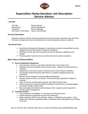 Superstition Harley-Davidson Job Description Service Advisor