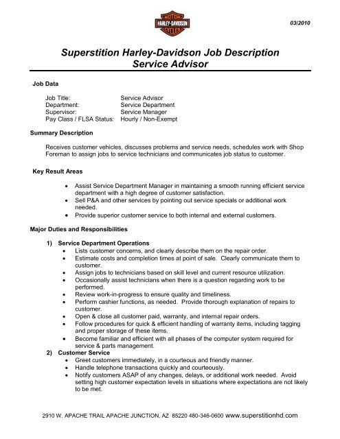 Superstition Harley Davidson Job Description Service Advisor