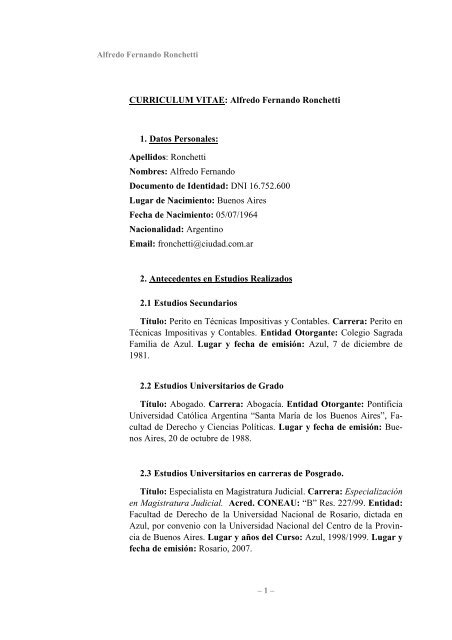 CURRICULUM VITAE: Alfredo Fernando Ronchetti 1. Datos ... - Inicio