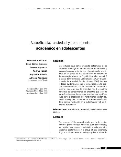 Autoeficacia, ansiedad y rendimiento académico en adolescentes