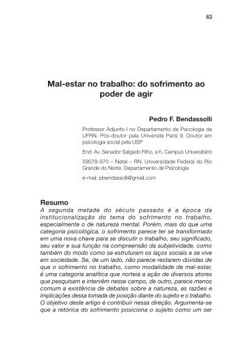 Mal-estar no trabalho: do sofrimento ao poder de agir - ResearchGate