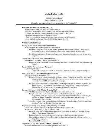 Resume - Mike Hotka's Astronomy Page