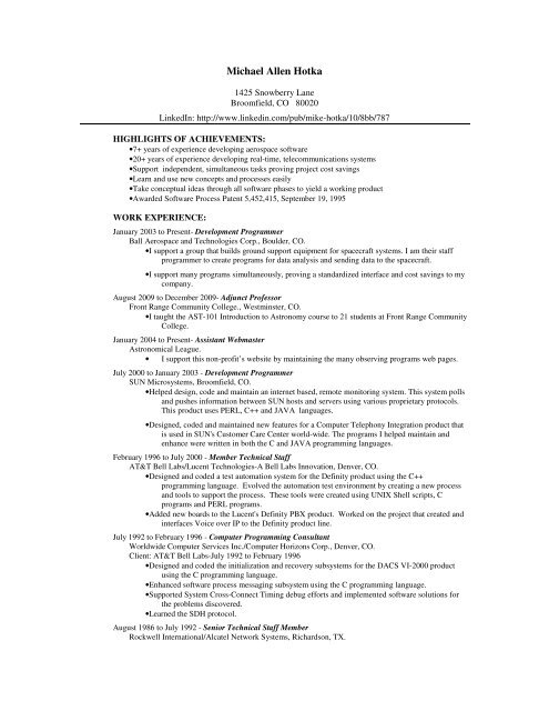 Resume - Mike Hotka's Astronomy Page