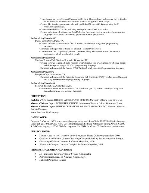 Resume - Mike Hotka's Astronomy Page
