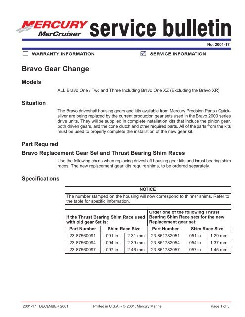 Service Bulletin - Mercury Mercruiser Engines And Parts