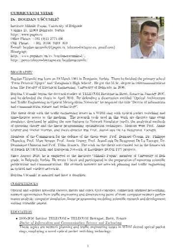 CURRICULUM VITAE Dr. BOGDAN U'âUMLIâ - Institut Mihajlo Pupin