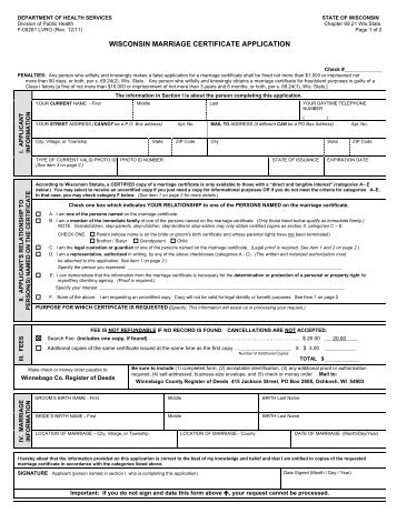 Wisconsin Marriage Certificate Application - Winnebago County