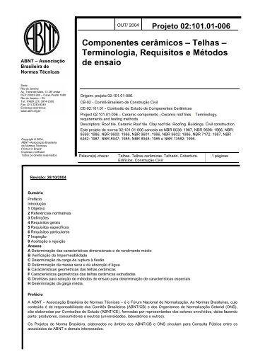 Telhas â Terminologia, Requisitos e MÃ©todos de ensaio - Anicer