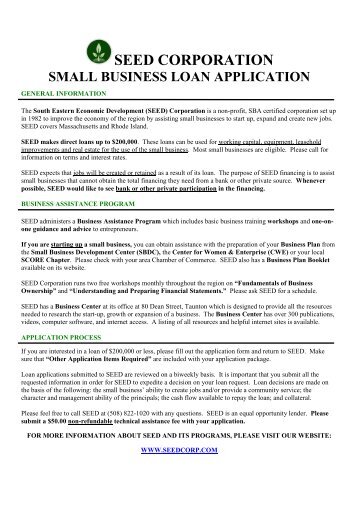 SMALL BUSINESS LOAN APPLICATION - SEED Corp