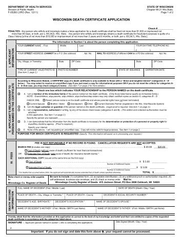 Wisconsin Death Certificate Application - Winnebago County