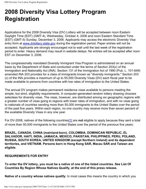 2008 Diversity Visa Lottery Program Registration