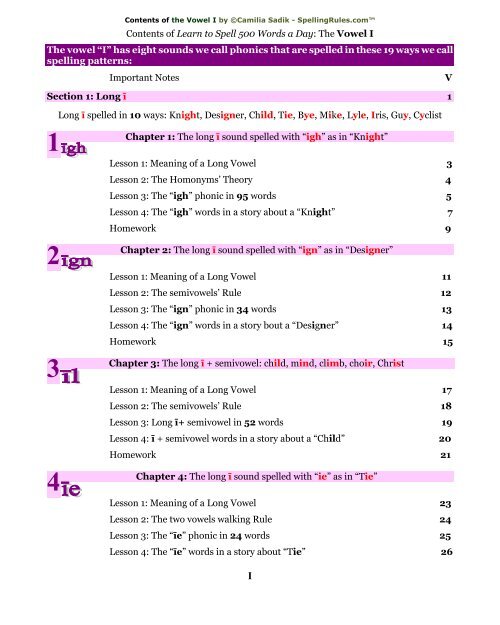 The Vowel I Book Contents Vowel I In A Book Spellingrules Com