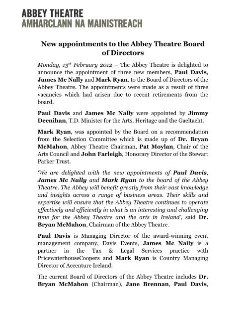 New appointments to the Abbey Theatre Board of Directors