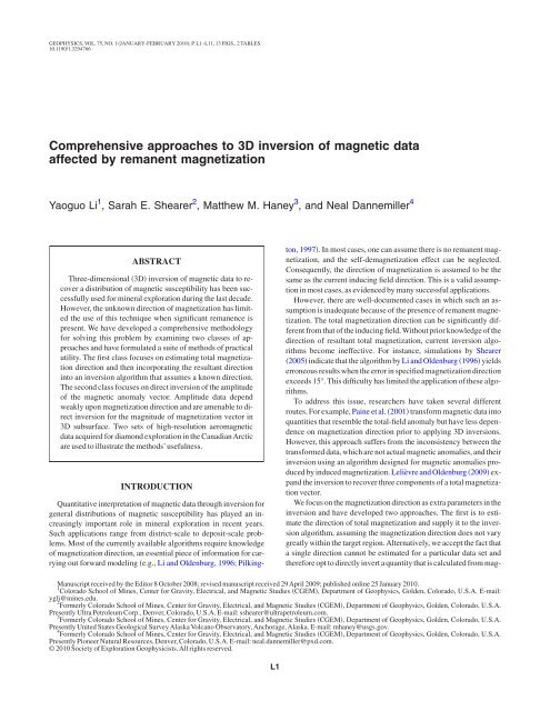 Comprehensive approaches to 3D inversion of magnetic ... - CGISS