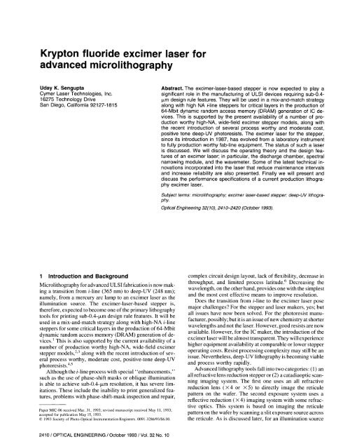 Krypton Fluoride Excimer Laser for Advanced Cymer