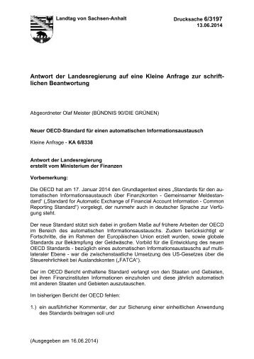 6/3197 Kleine Anfrage Neuer OECD-Standard für einen au tomatischen Informationsaustausch 