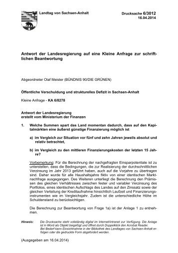 6/3012 Kleine Anfrage Öffentliche Verschuldung und strukturelles Defizit in Sachsen-Anhalt 