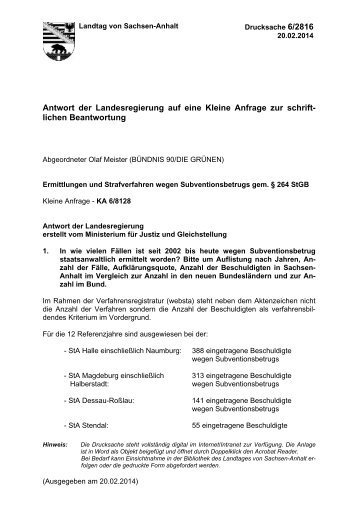 6/2816 Kleine Anfrage Ermittlungen und Strafverfahren wegen Subventionsbetrugs gem. § 264 StGB 