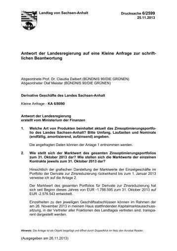 6/2599 Kleine Anfrage Derivative Geschäfte des Landes Sachsen-Anhalt