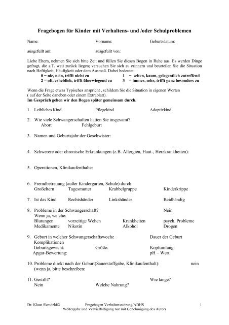 Fragebogen fÃ¼r Kinder mit Verhaltens- und /oder - AG ADHS