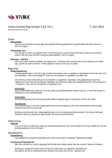 Visma Contracting versjon 5.02 Fix 1 7. juni 2012