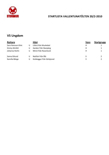 STARTLISTA VALLENTUNATÖLTEN 20/2-2010 V5 Ungdom - Stormur