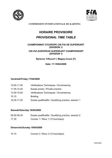 horaire provisoire provisional time table - Superkart-Racing