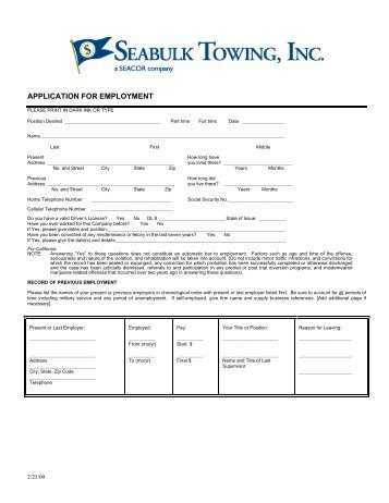 APPLICATION FOR EMPLOYMENT - Seabulk Towing, Inc.